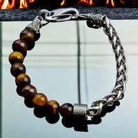 Tiger’s Eye - Yellow Golden Tiger’s Eye Half Bead Half Stainless Steel Wheat Chain (8mm) Lobster Clasp Natural Gemstone Crystal Energy Bead Bracelet