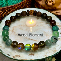 Wood Element Bracelet•Green & Brown Aura Crystal, Smokey Quartz, Burma Jade, Dragons Vein, Aventurine, Malachite, Carnelian, Bronzite, Coffee Jasper, Brown Lava, Rudraksha• Custom Size•Stretch (8mm) Natural Gemstone Crystal Energy Bead Bracelet