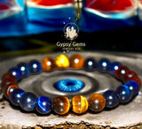 Tiger’s Eye - Red-Blue-Yellow Trio Trinity Multi Color Custom Size Round Smooth Stretch (8mm) Natural Gemstone Crystal Energy Bead Bracelet