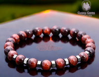 Tiger’s Eye - Red Tiger Eye• Hematite Hexagon Spacers Custom Size Round Smooth Stretch (8mm) Natural Gemstone Crystal Energy Bead Bracelet