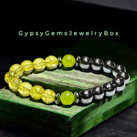 Peridot Key Lime Crystal & Peridot Olive Stone Focus Bead with Hematite•Custom Size•Round Smooth Stretch (10mm Grande) Natural Gemstone Crystal Energy Bead Bracelet