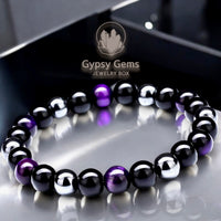 Triple Protection - Tiger Eye Purple + Black Onyx + Hematite Custom Size Round Smooth Stretch (8mm) Natural Gemstone Crystal Energy Bead Bracelet