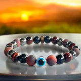 Triple Protection - Tiger Eye Red + Black Obsidian + Hematite + Evil Eye + Rosewood Custom Size Round Smooth Stretch (8mm) Natural Gemstone Crystal Energy Bead Bracelet