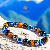 Triple Protection - Tiger Eye Yellow + Evil Eyes + Black Obsidian + Hematite Custom Size Round Smooth Stretch (8mm) Natural Gemstone Crystal Energy Bead Bracelet