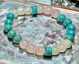 Turquoise - Blue Turquoise, Rainbow Moonstone, Rose Quartz - “Rise Above” - Custom Size, Round Smooth Stretch (8mm) Natural Gemstone Crystal Energy Bead Bracelet