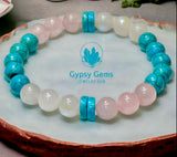 Turquoise - Blue Turquoise, Rainbow Moonstone, Rose Quartz - “Rise Above” - Custom Size, Round Smooth Stretch (8mm) Natural Gemstone Crystal Energy Bead Bracelet