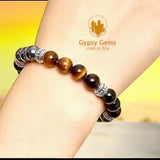 Triple Protection - Tiger Eye Yellow Golden Brown + Black Onyx + Hematite - “Power of Three”, Custom Size Round Smooth Stretch (8mm) Natural Gemstone Crystal Energy Bead Bracelet