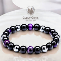 Triple Protection - Tiger Eye Purple + Black Onyx + Hematite Custom Size Round Smooth Stretch (8mm) Natural Gemstone Crystal Energy Bead Bracelet