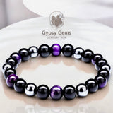 Triple Protection - Tiger Eye Purple + Black Onyx + Hematite Custom Size Round Smooth Stretch (8mm) Natural Gemstone Crystal Energy Bead Bracelet