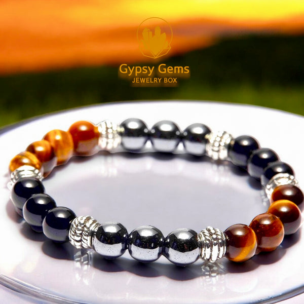 Triple Protection - Tiger Eye Yellow Golden Brown + Black Onyx + Hematite - “Power of Three”, Custom Size Round Smooth Stretch (8mm) Natural Gemstone Crystal Energy Bead Bracelet