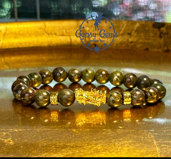Bloodstone - Dragon Bloodstone Gold Feng Shui Dragon Custom Size Round Smooth Stretch (8mm) Natural Gemstone Crystal Energy Bead Bracelet