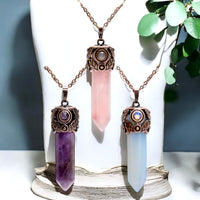 Filigree Leaf Copper Hexagonal Natural Gemstone Crystal Point Pendulum Pendant/Choose Chain