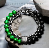 Malachite + Black Onyx - Green/Black•Beads Meet Chain•Silver or Gun Black Stainless Steel Cuban Curb Link Chain (8mm) Toggle Clasp Heavy Natural Gemstone Crystal Energy Bead Bracelet