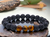 Lava Stone•Black Lava Rock + Tiger Eye Aromatherapy Custom Size Round Stretch (8mm) Natural Gemstone Crystal Energy Bead Bracelet