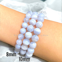 Agate - Blue Lace Agate Chalcedony •High Quality AAA+•Natural Light Blue•Custom Size•Round Smooth Stretch (8mm) or (10mm Grande) Natural Gemstone Crystal Energy Bead Bracelet