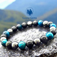 Triple Protection - Tiger Eye Teal Blue + Black Onyx + Hematite Custom Size Round Smooth Stretch (8mm or 10mm beads) Natural Gemstone Crystal Energy Bead Bracelet