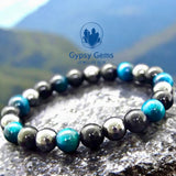 Triple Protection - Tiger Eye Teal Blue + Black Onyx + Hematite Custom Size Round Smooth Stretch (8mm or 10mm beads) Natural Gemstone Crystal Energy Bead Bracelet