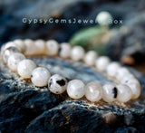 Moonstone - Rainbow Moonstone•Black Tourmaline Rutile inclusions•Custom Size•Round Stretch (8mm) Natural Gemstone Crystal Energy Bead Bracelet