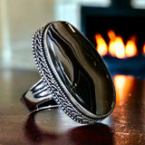 Onyx Banded Sardonyx Natural Gemstone .925 Sterling Silver Oval Statement Ring (Size 8.75)