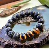 Lava Stone•Black Lava Rock + Tiger Eye Aromatherapy Custom Size Round Stretch (8mm) Natural Gemstone Crystal Energy Bead Bracelet