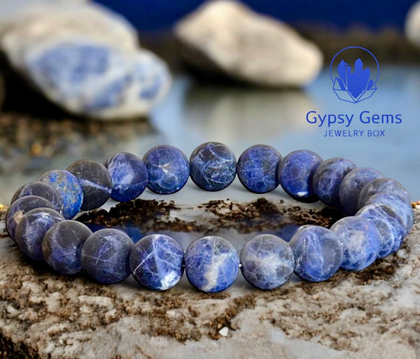 Sodalite (Dark Blue) Matte Rustic Custom Size Round Stretch (8mm) Natural Gemstone Crystal Energy Bead Bracelet