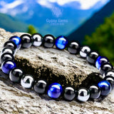 Triple Protection - Tiger Eye Royal Blue + Black Onyx + Hematite Custom Size Round Smooth Stretch (8mm or 10mm beads) Natural Gemstone Crystal Energy Bead Bracelet