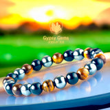 Triple Protection - Tiger Eye Yellow + Black Onyx + Hematite Custom Size Round Smooth Stretch (8mm or 10mm beads) Natural Gemstone Crystal Energy Bead Bracelet