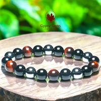 Triple Protection - Tiger Eye Red + Black Onyx + Hematite Custom Size Round Smooth Stretch (8mm) Natural Gemstone Crystal Energy Bead Bracelet