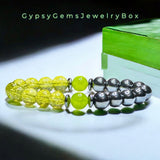 Peridot Key Lime Crystal & Peridot Olive Stone Focus Bead with Hematite•Custom Size•Round Smooth Stretch (10mm Grande) Natural Gemstone Crystal Energy Bead Bracelet