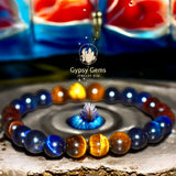 Tiger’s Eye - Red-Blue-Yellow Trio Trinity Multi Color Custom Size Round Smooth Stretch (8mm) Natural Gemstone Crystal Energy Bead Bracelet