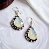 Opalite Moonstone Natural Gemstone Pear Drop Dangle Hook .925 Sterling Silver Stamped Earrings
