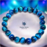 Tiger’s Eye - Teal Peacock Blue Custom Size Round Smooth Stretch (8mm) Natural Gemstone Crystal Energy Bead Bracelet