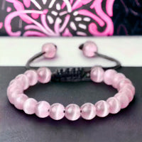 Cats Eye (Chrysoberyl) Pink Braided Macrame Adjustable Sliding Knot Round Smooth (8mm) Natural Gemstone Crystal Energy Bead Bracelet