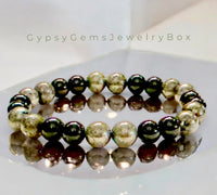 Pyrite + Black Obsidian Round Smooth Stretch (8mm) Natural Gemstone Crystal Energy Bead Bracelet