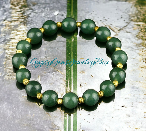 Jade - Nephrite Olive Green Custom Size Gold Spacers Round Smooth Stretch (8mm) Natural Gemstone Crystal Energy Bead Bracelet