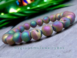 Agate - Druzy Aura Titanium (Flame) Rainbow Peacock Quartz Custom Size Frost Matte Rustic Round Stretch (8mm) Natural Gemstone Crystal Energy Bead Bracelet