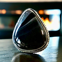 Onyx Black Banded Sardonyx Natural Gemstone .925 Sterling Silver Ring (Size 7.5)