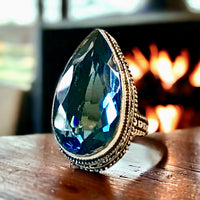 Topaz London Blue Natural Gemstone .925 Sterling Silver Faceted Pear Point Statement Ring (Size: 9.5)