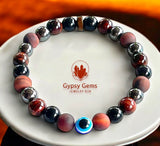 Triple Protection - Tiger Eye Red + Black Obsidian + Hematite + Evil Eye + Rosewood Custom Size Round Smooth Stretch (8mm) Natural Gemstone Crystal Energy Bead Bracelet