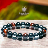 Triple Protection - Tiger Eye Red + Black Onyx + Hematite Custom Size Round Smooth Stretch (8mm) Natural Gemstone Crystal Energy Bead Bracelet