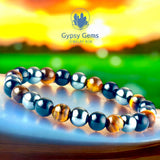 Triple Protection - Tiger Eye Yellow + Black Onyx + Hematite Custom Size Round Smooth Stretch (8mm or 10mm beads) Natural Gemstone Crystal Energy Bead Bracelet