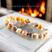 Agate - Crazy Lace Agate•Yellow•Brown•Orange•Custom Size•Round Smooth Stretch (8mm) Natural Gemstone Crystal Energy Bead Bracelet