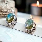 Labradorite Rainbow Natural Gemstone Wide Beaded Bezel Drop Hook .925 Sterling Silver Stamped Earrings