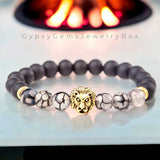 Agate - Dragon Vein Agate Black/White•Black Onyx•Silver or Gold Lion•Custom Size•Round Matte Stretch (8mm) Natural Gemstone Crystal Energy Bead Bracelet