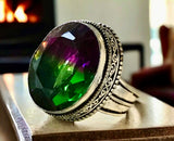 Tourmaline Bi-Color Watermelon Dichroic Natural Gemstone .925 Sterling Silver Faceted Oval Statement Ring (Size: 8.75)