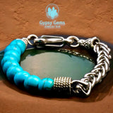 Turquoise- Blue Howlite•Beads Meet Chain•Stainless Steel Wheat Chain (8mm) Lobster Clasp Natural Gemstone Crystal Energy Bead Bracelet