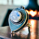 Moonstone Rainbow Natural Gemstone .925 Sterling Silver Locket Poison Ring (Size 8)