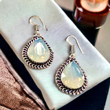 Opalite Moonstone Natural Gemstone Pear Drop Dangle Hook .925 Sterling Silver Stamped Earrings