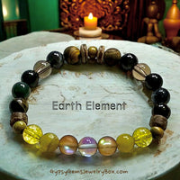 Earth Element Bracelet • Blue & Brown Aura Crystal, Lime Jade, Citrine, Olive Wood, Coconut Wood, Blue Tiger Eye, Moss Agate, Green Goldstone, Golden Tiger Eye, Smokey Quartz • Custom Size - Stretch (8mm) Natural Gemstone Crystal Energy Bead Bracelet