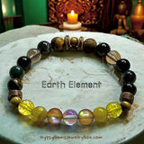 Earth Element Bracelet • Blue & Brown Aura Crystal, Lime Jade, Citrine, Olive Wood, Coconut Wood, Blue Tiger Eye, Moss Agate, Green Goldstone, Golden Tiger Eye, Smokey Quartz • Custom Size - Stretch (8mm) Natural Gemstone Crystal Energy Bead Bracelet